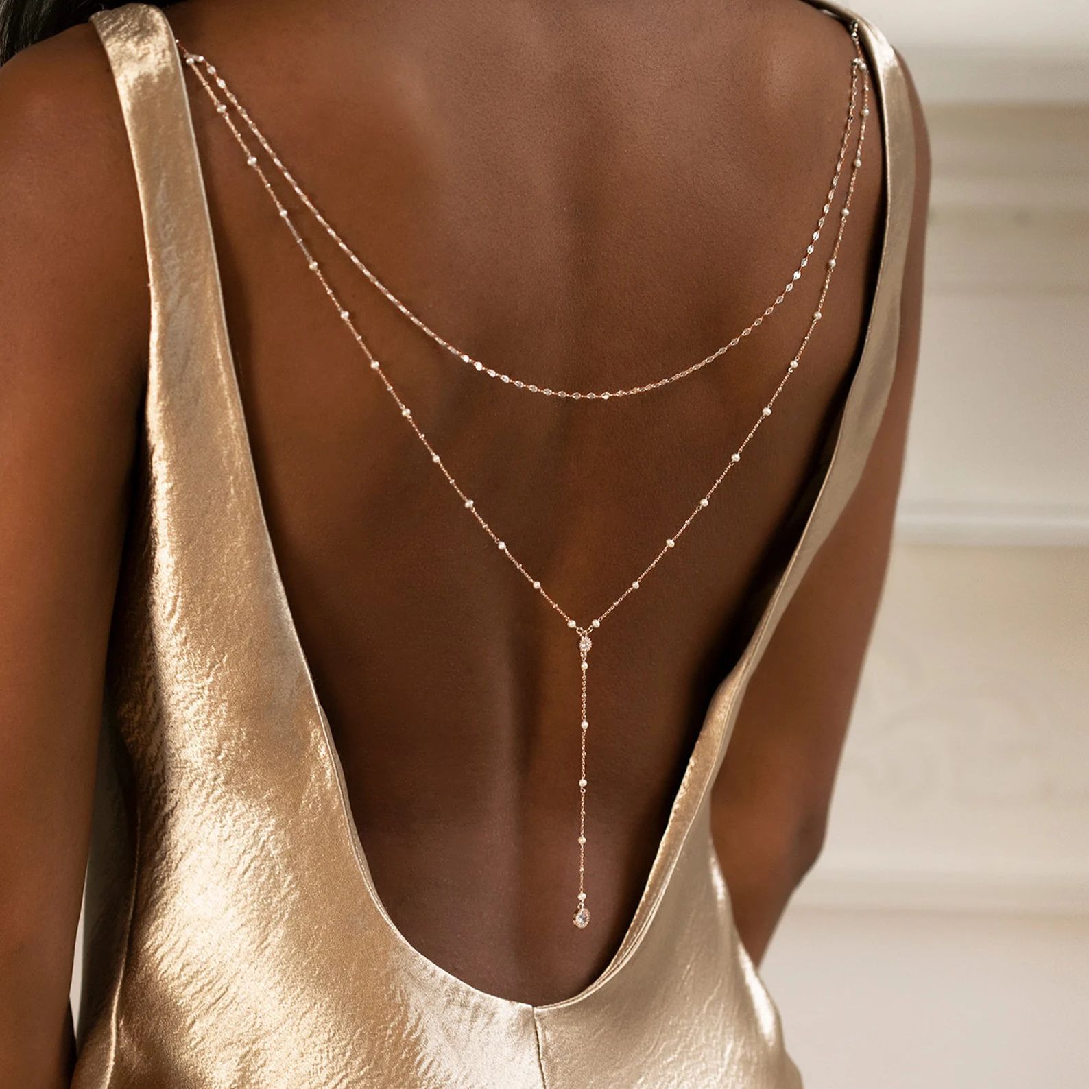 Body Jewelry For Backless Dress - Delicate Gold Plated CZ Beaded Back