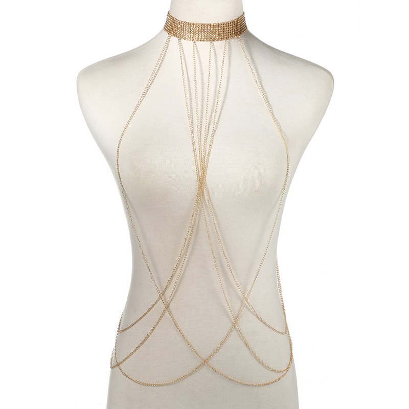 Body Jewelry Harness - Gold Color Body Chain Women Rhinestone